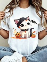 Cute Cartoon Style, Women's T-Shirt, Halloween Cat With Pumpkins And Boo