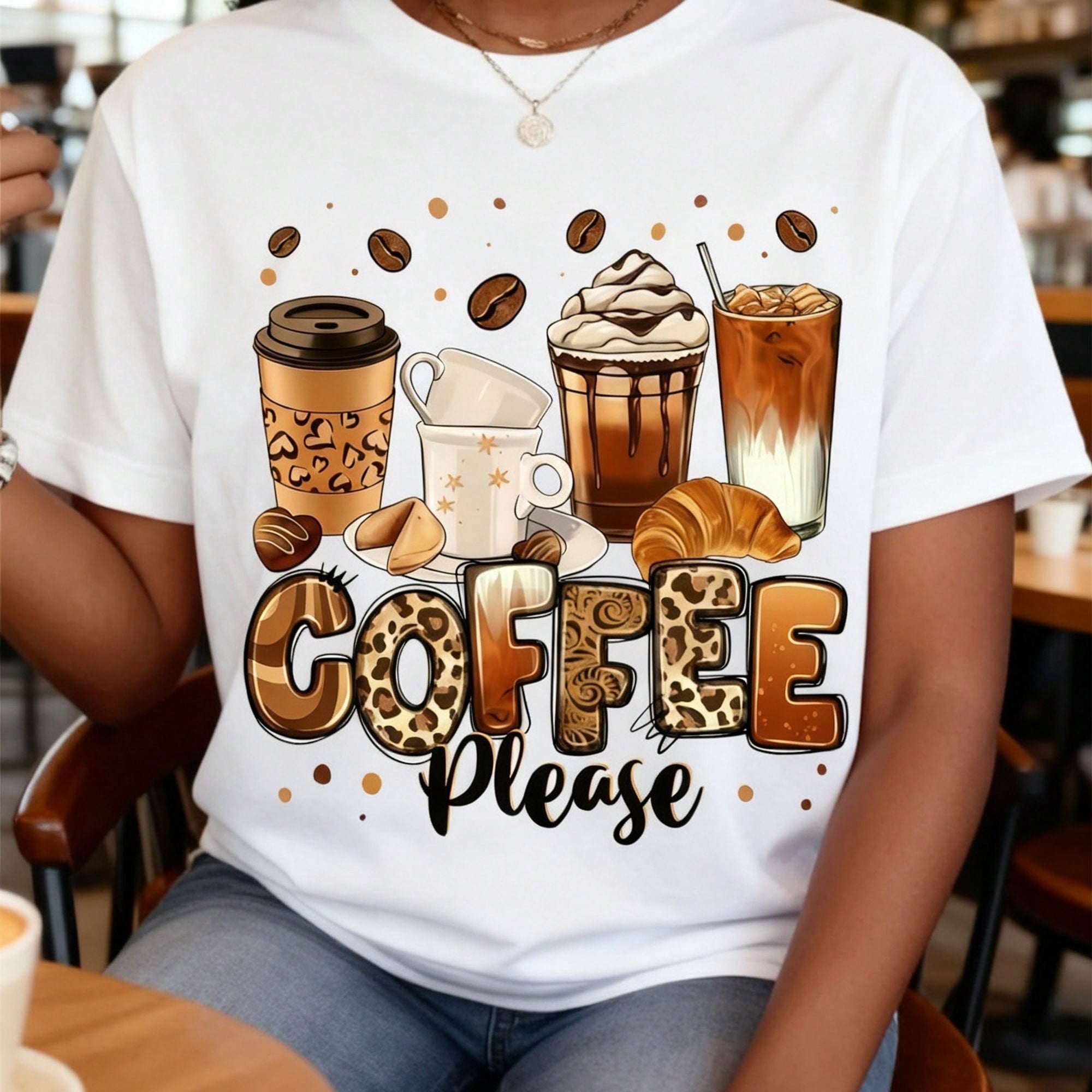 Women's Coffee Please Graphic T-Shirt, Cute Leopard Print Coffee Cup Croissant Beans Art Short Sleeve Tee, Casual Coffee Lover Fall Top