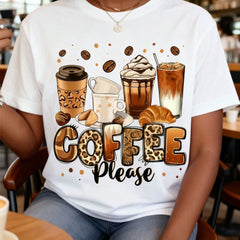 Women's Coffee Please Graphic T-Shirt, Cute Leopard Print Coffee Cup Croissant Beans Art Short Sleeve Tee, Casual Coffee Lover Fall Top