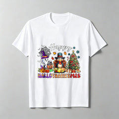 Women's Happy Hallothanksmas Graphic T-Shirt, Halloween Ghost Pumpkin Thanksgiving Turkey Christmas Tree Short Sleeve Tee, Holiday Season Casual Top
