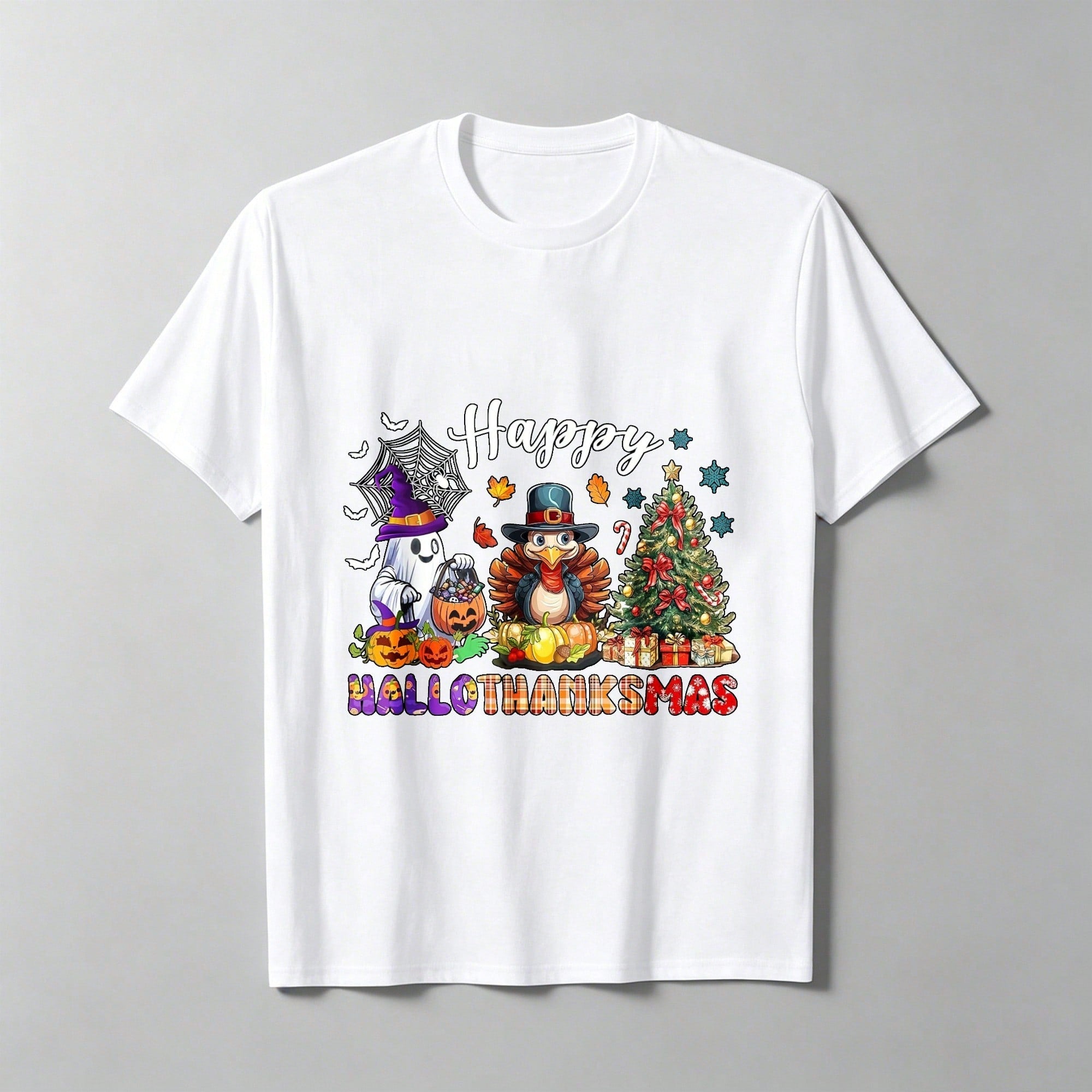 Women's Happy Hallothanksmas Graphic T-Shirt, Halloween Ghost Pumpkin Thanksgiving Turkey Christmas Tree Short Sleeve Tee, Holiday Season Casual Top