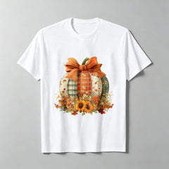 Cute Fall Pumpkin Sunflower T-Shirt for Women, Coquette Bow Autumn Shirt