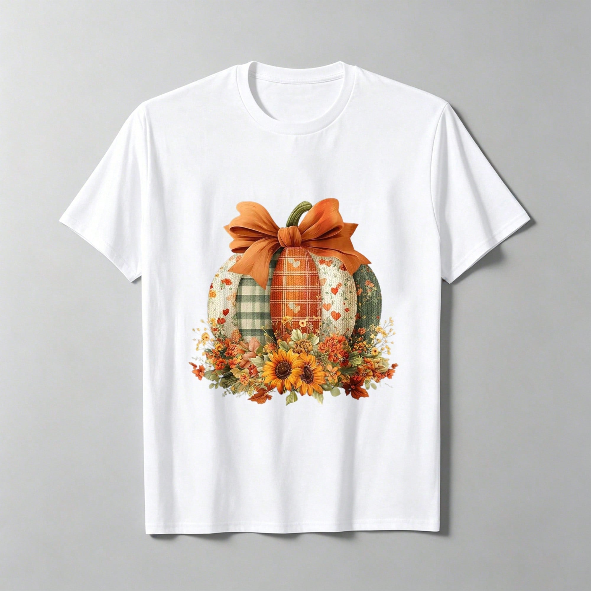 Cute Fall Pumpkin Sunflower T-Shirt for Women, Coquette Bow Autumn Shirt