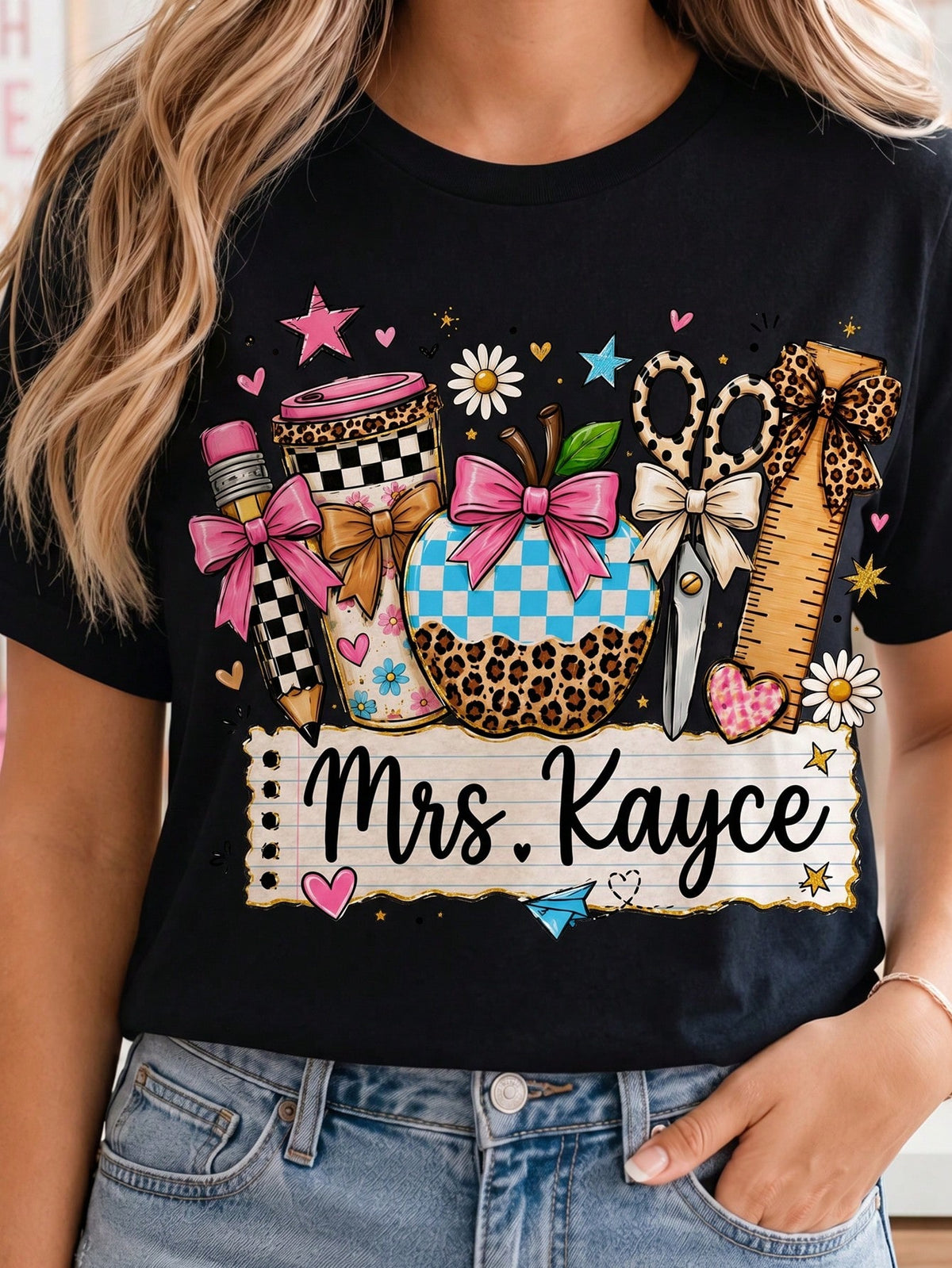 Teacher Life Tee Mrs Kayce Leopard Bow Apple Print Tshirt Women Casual Top