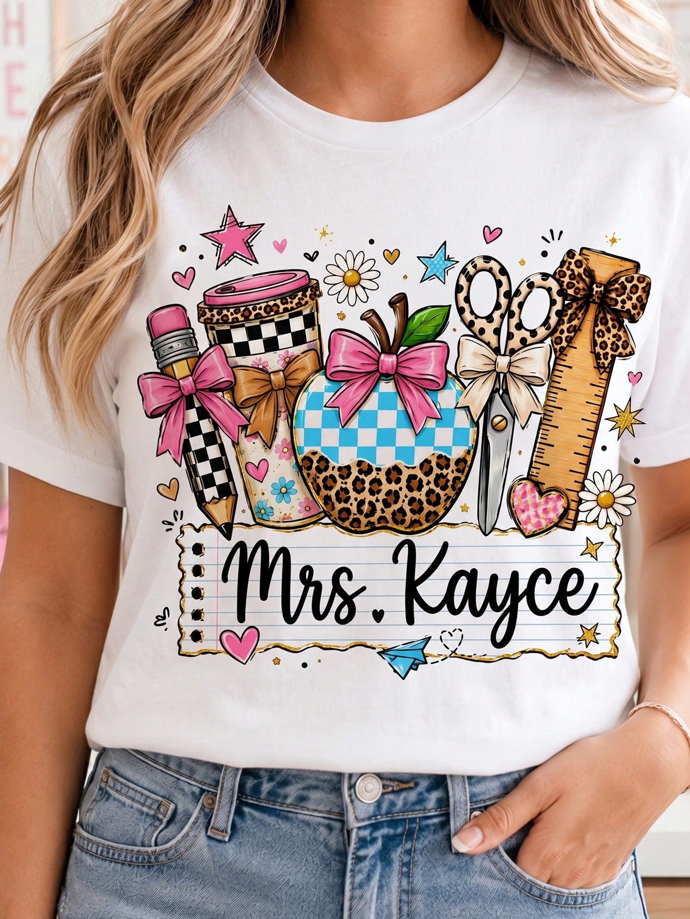 Teacher Life Tee Mrs Kayce Leopard Bow Apple Print Tshirt Women Casual Top