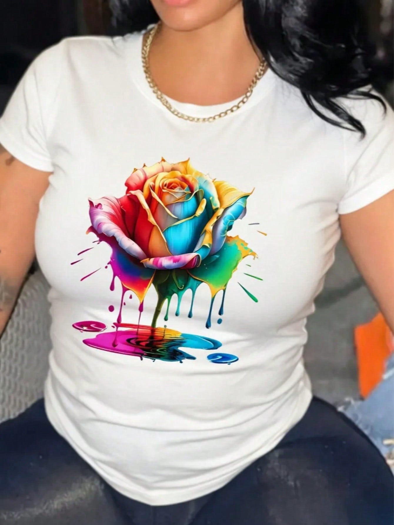 Y2K Colorful Flower Print Oversized Short Sleeve Tee Crew Neck Top