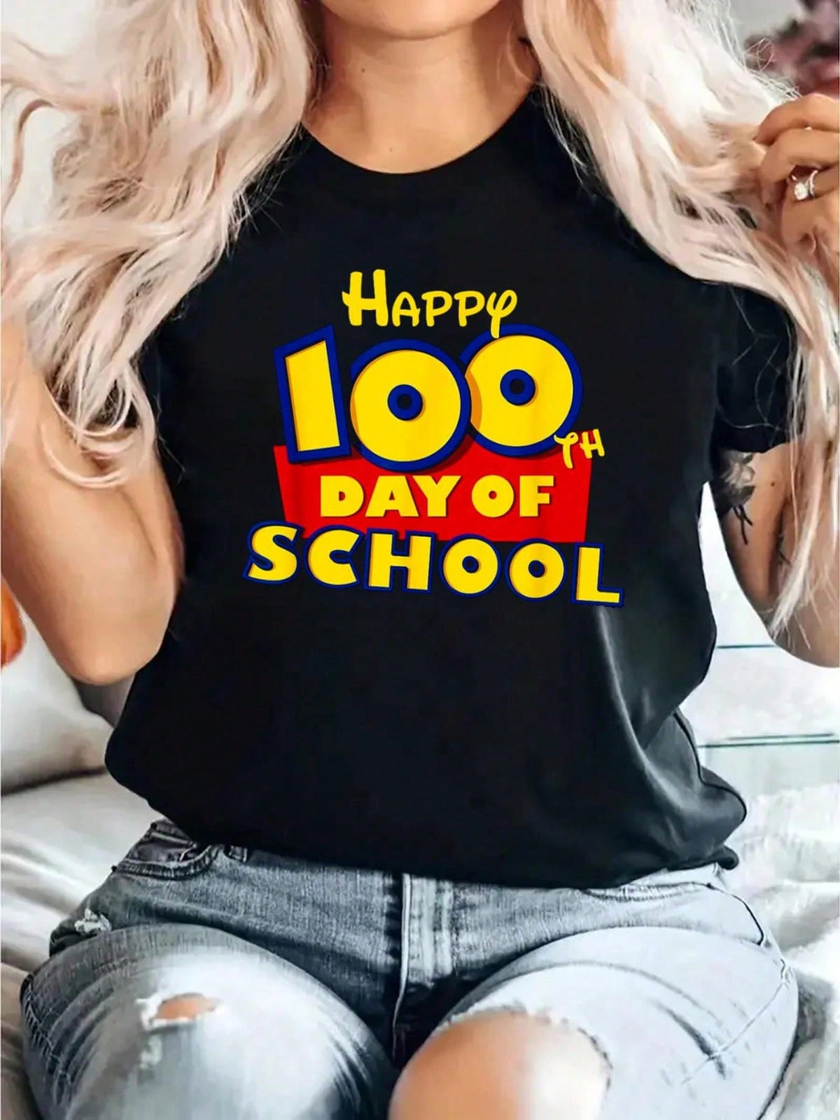 Happy 100th Day Of School Toy Cartoon Print Cotton Short Sleeve Tee Crew Neck Top