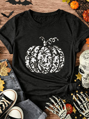 Halloween Women's Casual Pumpkin Print Round Neck Short Sleeve T-Shirt,Pumpkin Shirt,Thanksgiving Shirt