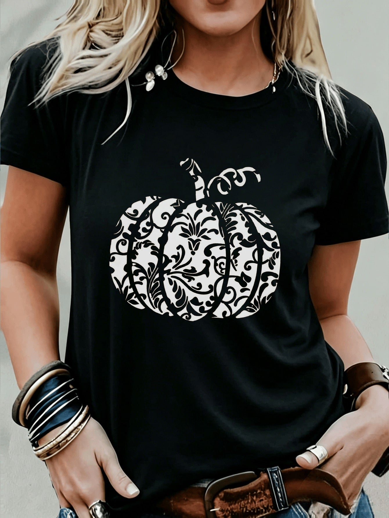 Halloween Women's Casual Pumpkin Print Round Neck Short Sleeve T-Shirt,Pumpkin Shirt,Thanksgiving Shirt