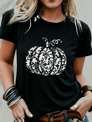 Halloween Women's Casual Pumpkin Print Round Neck Short Sleeve T-Shirt,Pumpkin Shirt,Thanksgiving Shirt