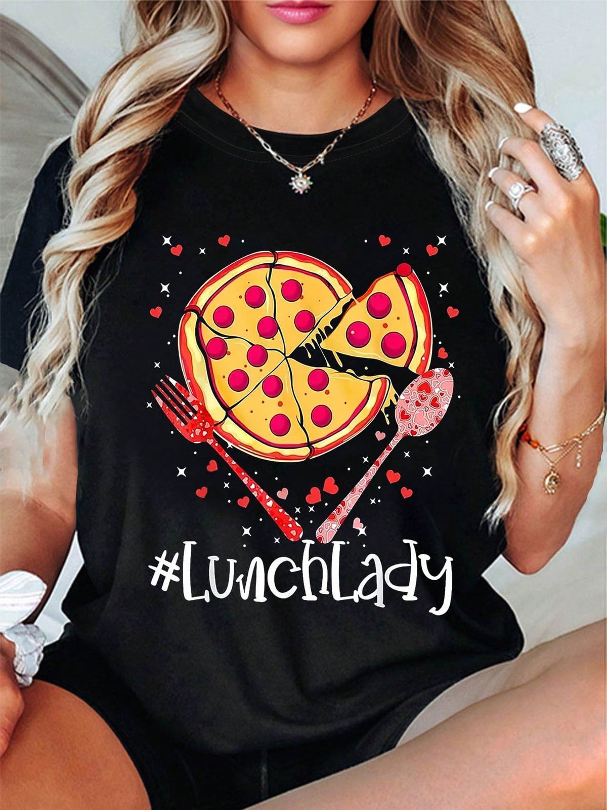 Lunch Lady Pizza Italian Theme Print Short Sleeve Tee Crew Neck Casual Top