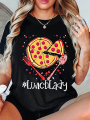 Lunch Lady Pizza Italian Theme Print Short Sleeve Tee Crew Neck Casual Top