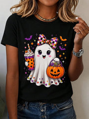 Women's Cute Ghost Halloween T Shirt Bow Tie Pumpkin Candy Bucket Spooky Season Fall Novelty Graphic Tee