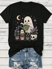 Unisex Ghost Gardener T-Shirt, Cute Halloween Ghost Watering Plants Skull Pot Graphic Tee, Casual Short Sleeve Crewneck Tshirt