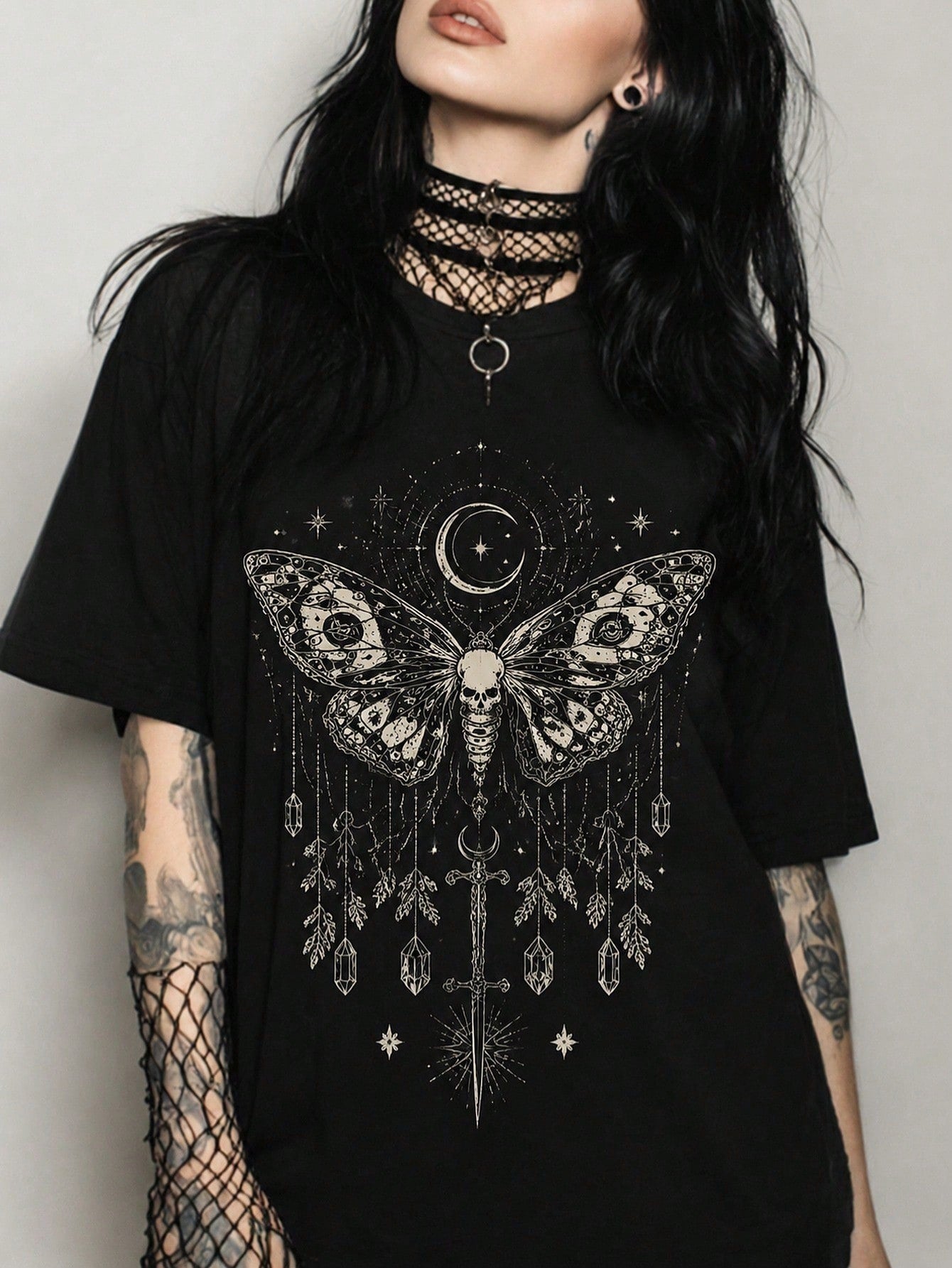Women's Black T-Shirt, Gothic Moth And Celestial Print, Halloween Christmas Hot , Gift For Goth Girlfriends And Sisters