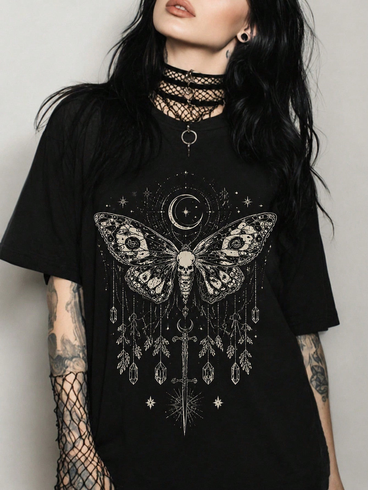 Women's Black T-Shirt, Gothic Moth And Celestial Print, Halloween Christmas Hot , Gift For Goth Girlfriends And Sisters