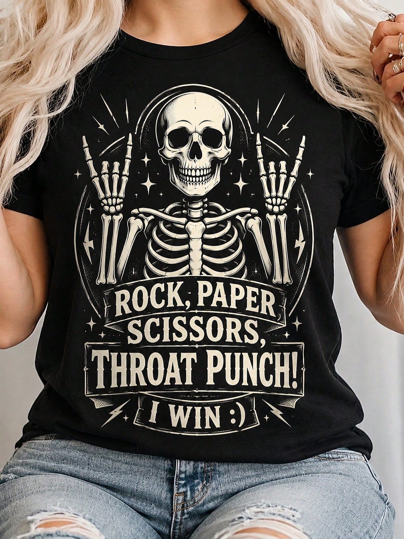Women's Black T-Shirt, Skeleton Rock Paper Scissors Throat Punch I Win Graphic, Halloween Christmas Hot