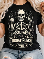 Women's Black T-Shirt, Skeleton Rock Paper Scissors Throat Punch I Win Graphic, Halloween Christmas Hot