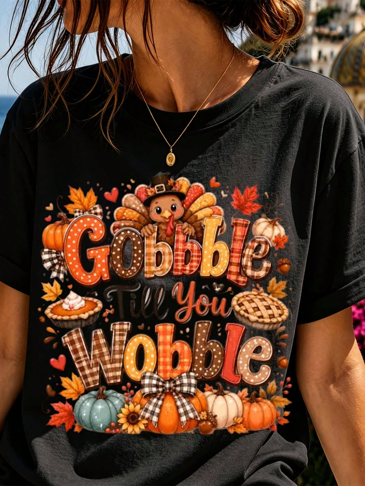 Women Casual Thanksgiving T Shirt White Gobble Till You Wobble Turkey Pumpkin Pie Print Top For Autumn Holiday Party Gift