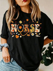 Nurse Fall Autumn Leaves Stethoscope Print Short Sleeve Tee Crew Neck Top