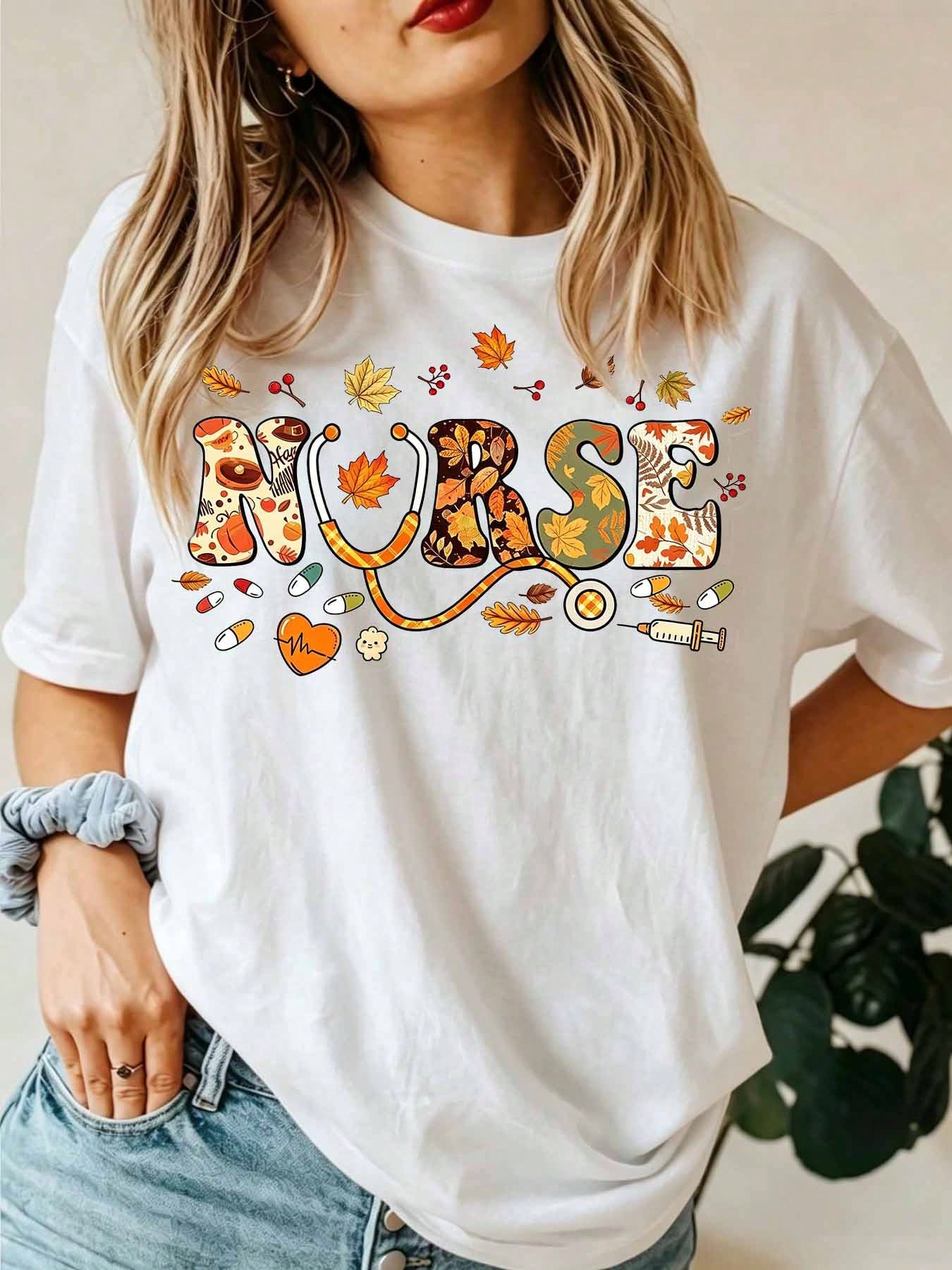 Nurse Fall Autumn Leaves Stethoscope Print Short Sleeve Tee Crew Neck Top