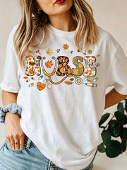 Nurse Fall Autumn Leaves Stethoscope Print Short Sleeve Tee Crew Neck Top