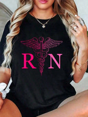 RN Registered Nurse Appreciation Pink Print Cotton Short Sleeve Tee Crew Neck Top