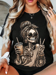 Unisex Retro Halloween Graphic Tee, Messy Bun Leopard Print Skeleton Lady with Iced Coffee Peace Sign Short Sleeve T-Shirt for Coffee Lovers
