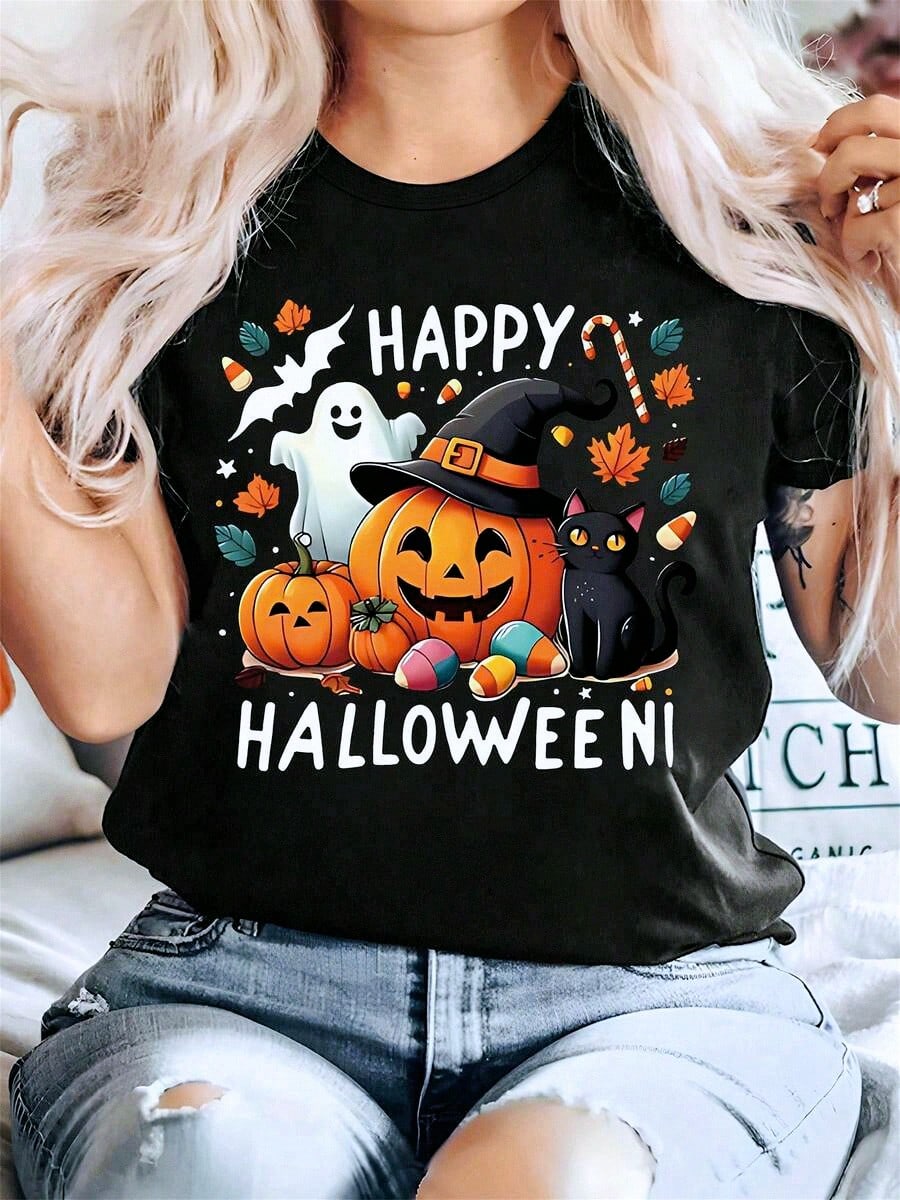 Women's Happy Halloween Graphic T-Shirt, Cute Pumpkin Ghost Black Cat Bat Candy Maple Leaf Short Sleeve Tee, Spooky Fall Holiday Party Casual Top