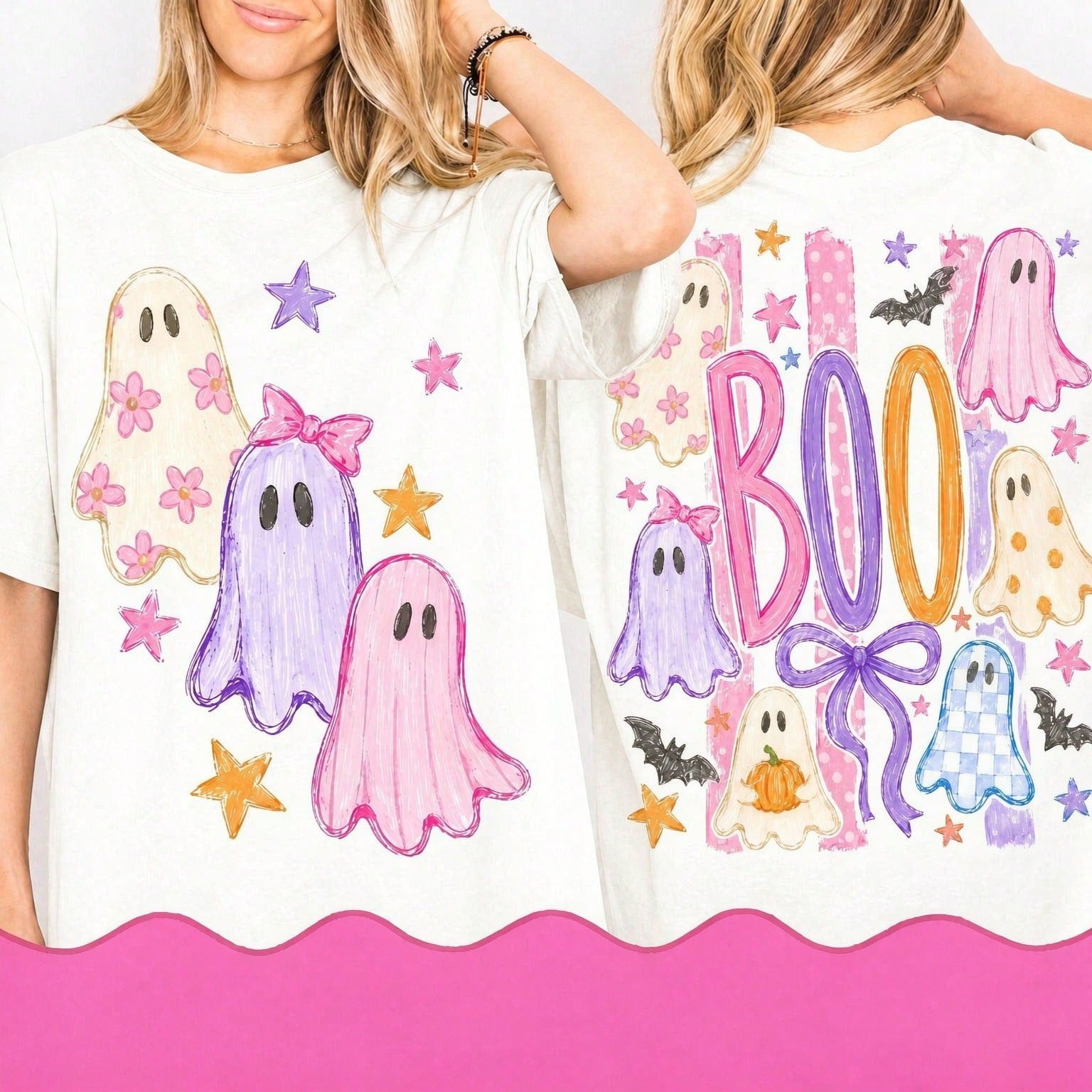 Ghost Stripes Preppy-Style Halloween Print Women's Crew Neck T-Shirt – Halloween & Autumn Apparel For Women