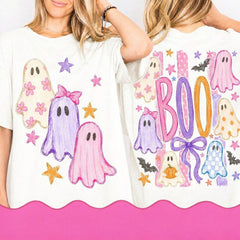 Ghost Stripes Preppy-Style Halloween Print Women's Crew Neck T-Shirt – Halloween & Autumn Apparel For Women