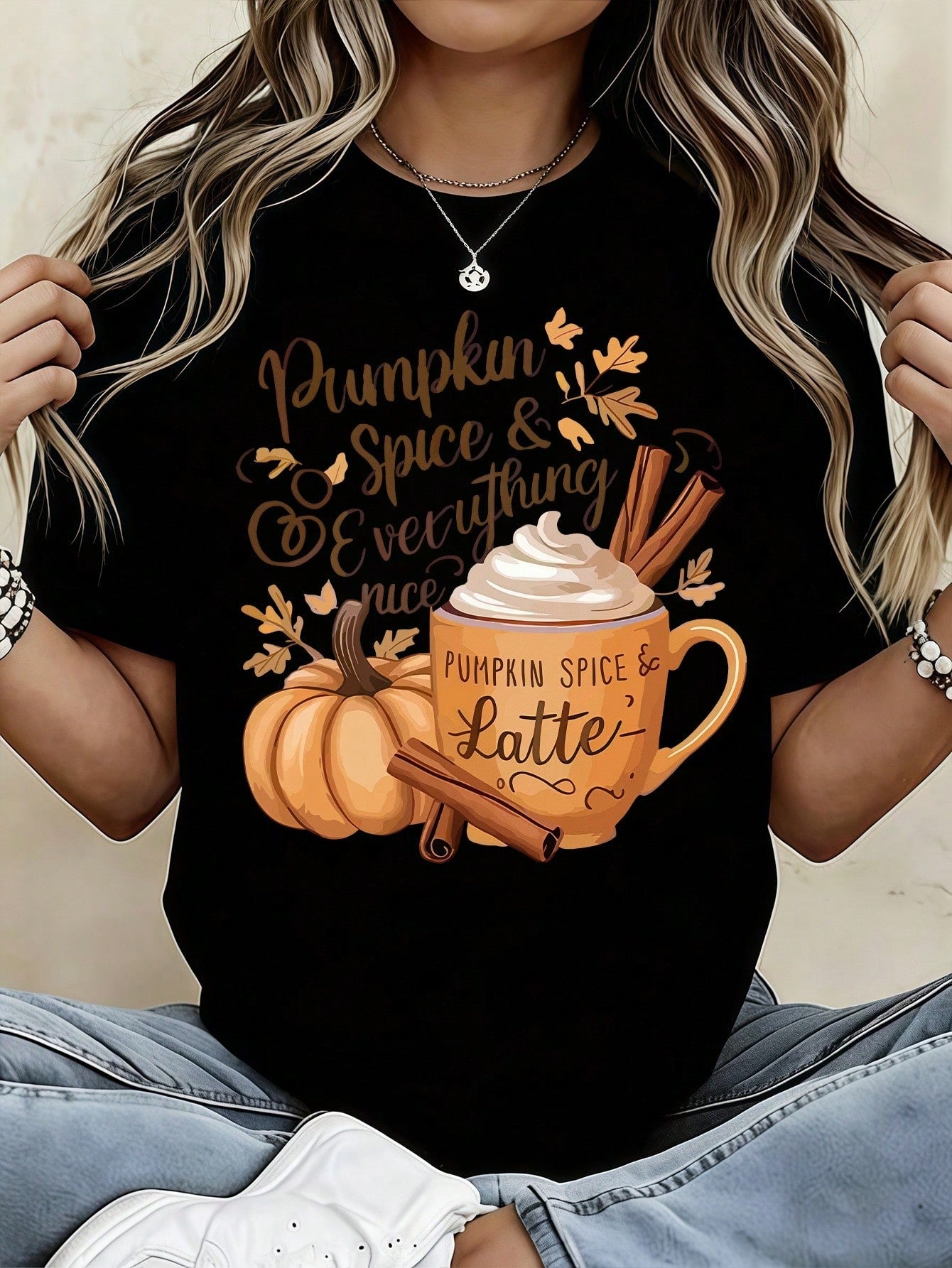Fall Pumpkin Spice & Everything Nice Print Short Sleeve T-Shirt, Pumpkin Latte Cinnamon Vintage Graphic Crew Neck Casual Tee