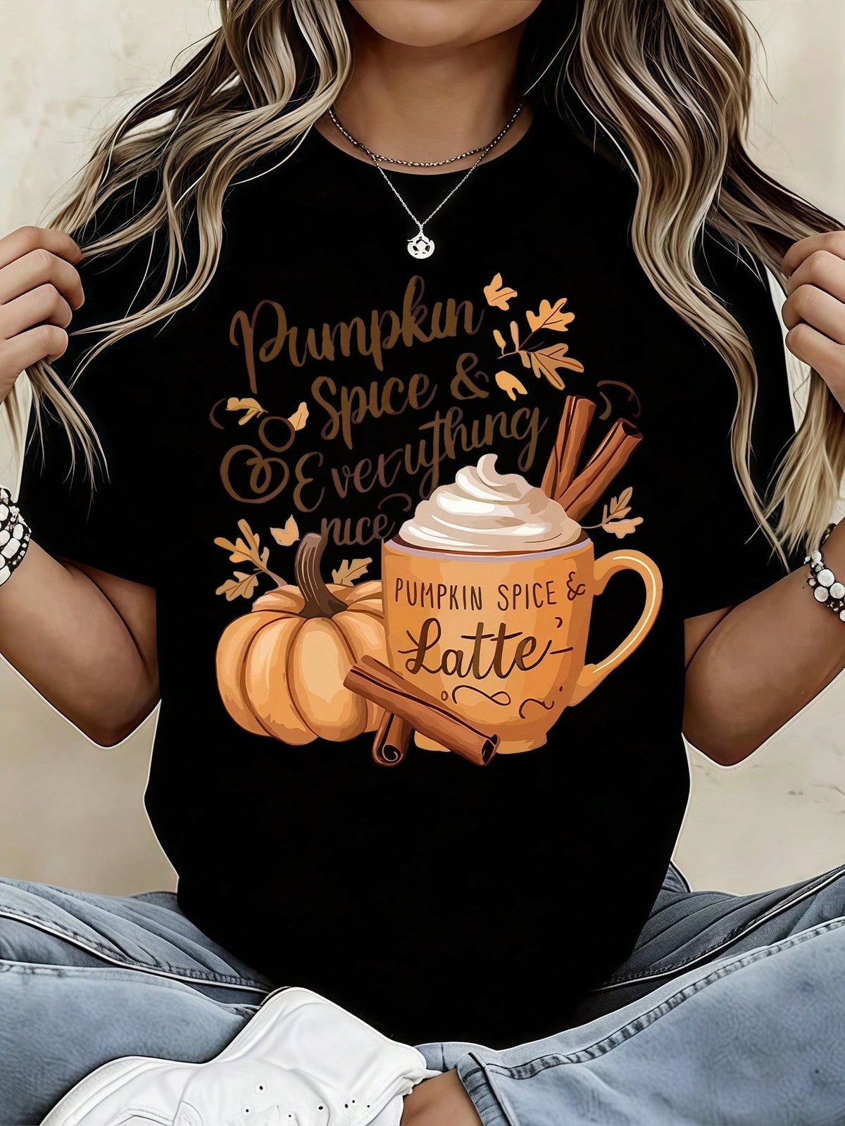 Fall Pumpkin Spice & Everything Nice Print Short Sleeve T-Shirt, Pumpkin Latte Cinnamon Vintage Graphic Crew Neck Casual Tee