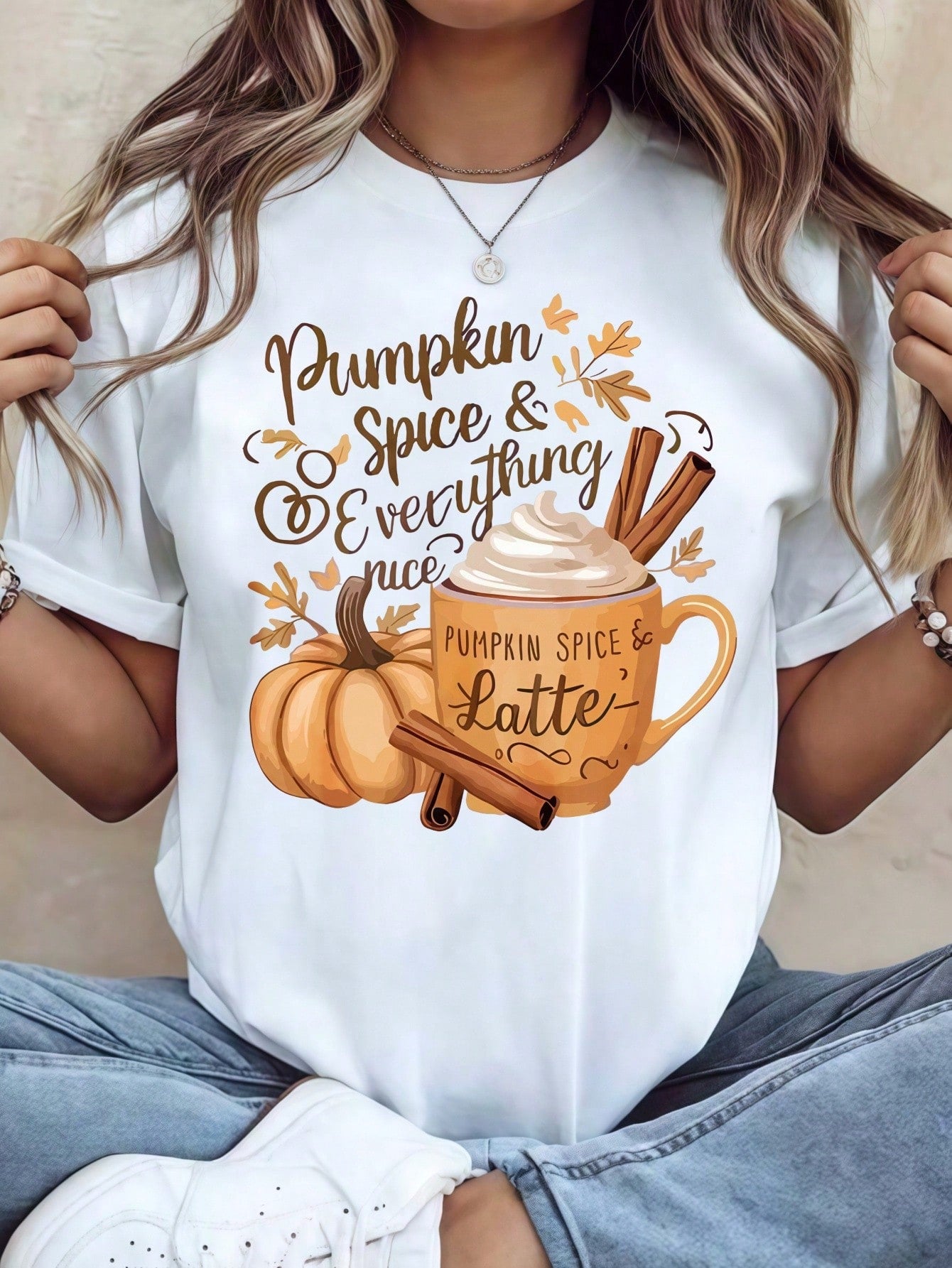 Fall Pumpkin Spice & Everything Nice Print Short Sleeve T-Shirt, Pumpkin Latte Cinnamon Vintage Graphic Crew Neck Casual Tee