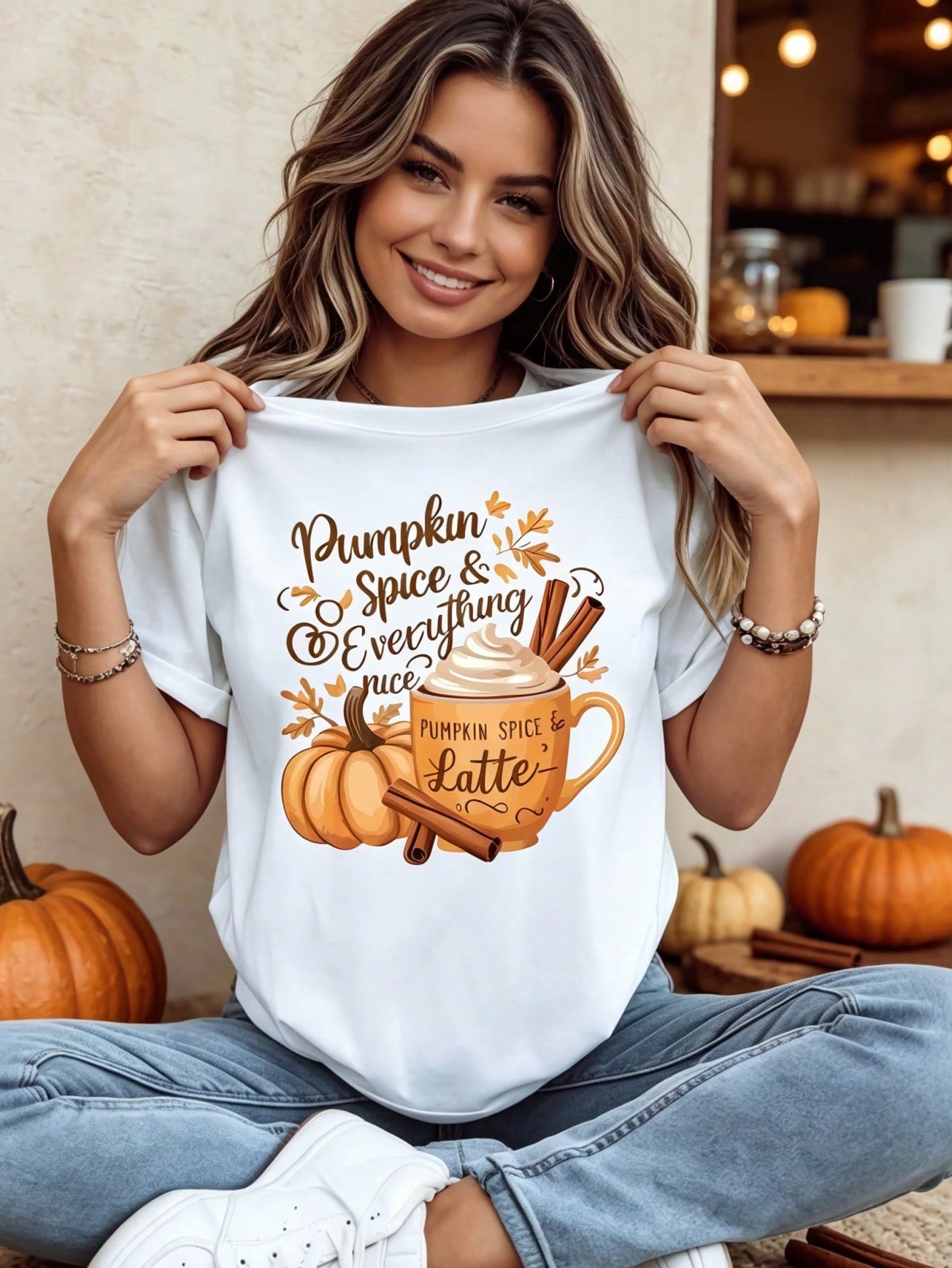 Fall Pumpkin Spice & Everything Nice Print Short Sleeve T-Shirt, Pumpkin Latte Cinnamon Vintage Graphic Crew Neck Casual Tee