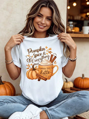 Fall Pumpkin Spice & Everything Nice Print Short Sleeve T-Shirt, Pumpkin Latte Cinnamon Vintage Graphic Crew Neck Casual Tee