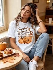 Fall Pumpkin Spice & Everything Nice Print Short Sleeve T-Shirt, Pumpkin Latte Cinnamon Vintage Graphic Crew Neck Casual Tee