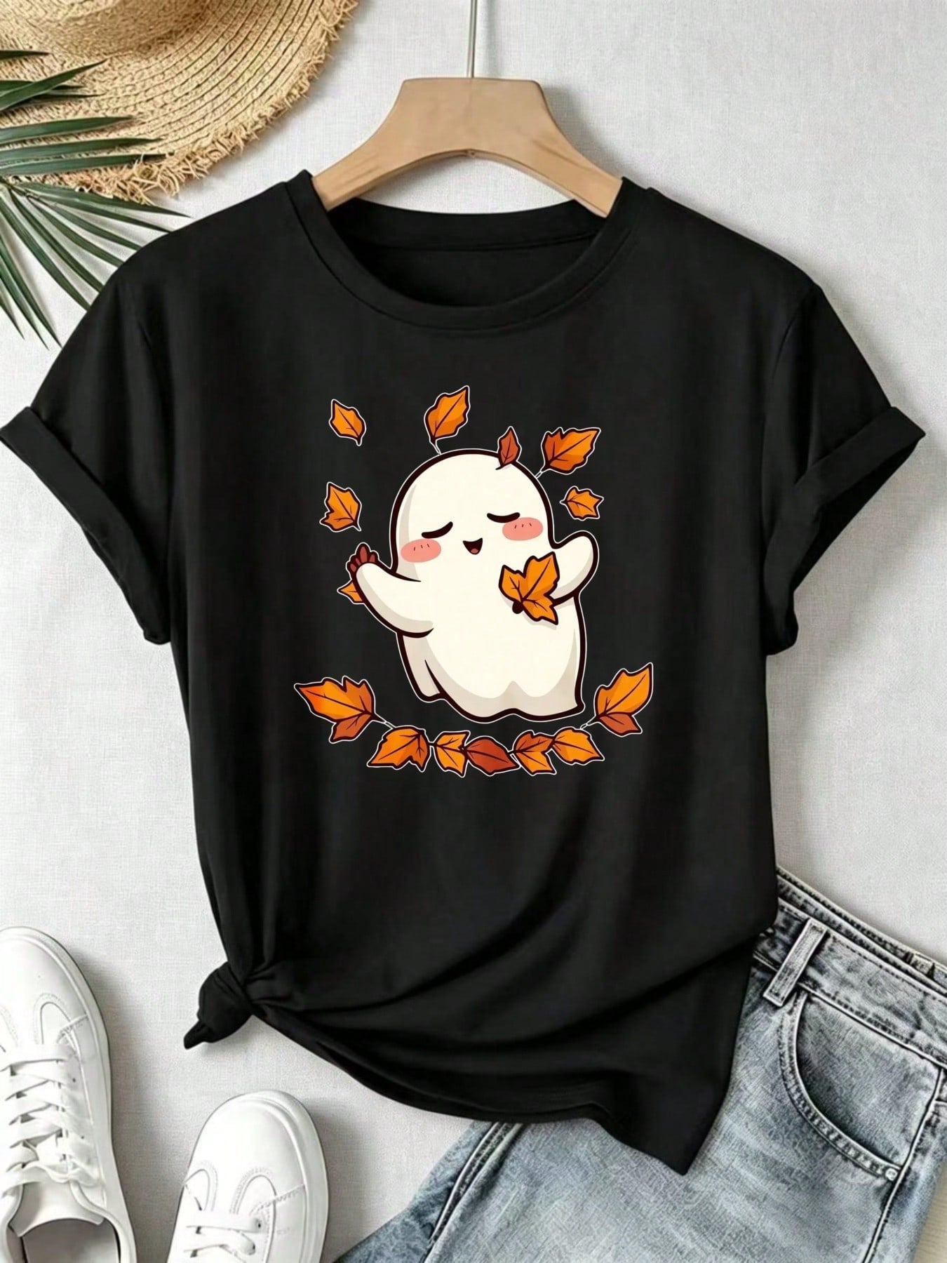 Cute Ghost With Autumn Leaves Women's T-Shirt