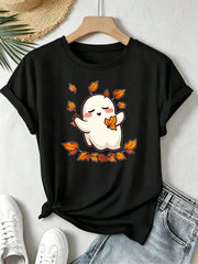Cute Ghost With Autumn Leaves Women's T-Shirt