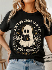 Women's Ain't No Ghost Like The Holy Ghost Retro Ghost Reading Bible Halloween Graphic T-Shirt, Fall Casual Short Sleeve Tee