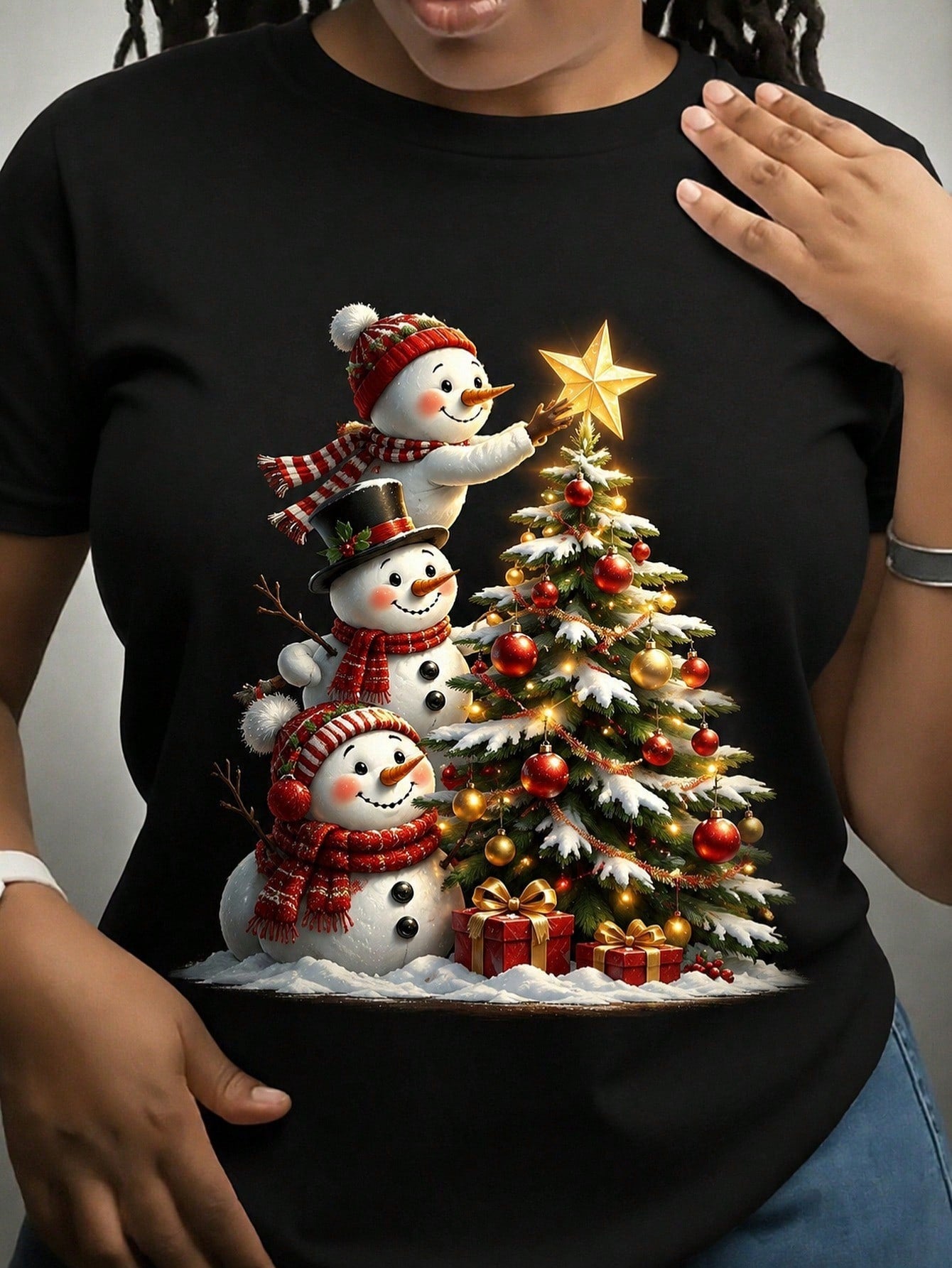 Unisex Winter Holiday Graphic Tee, Cute Stacked Snowmen Christmas Tree Ornaments Gifts Merry Christmas Short Sleeve T-Shirt