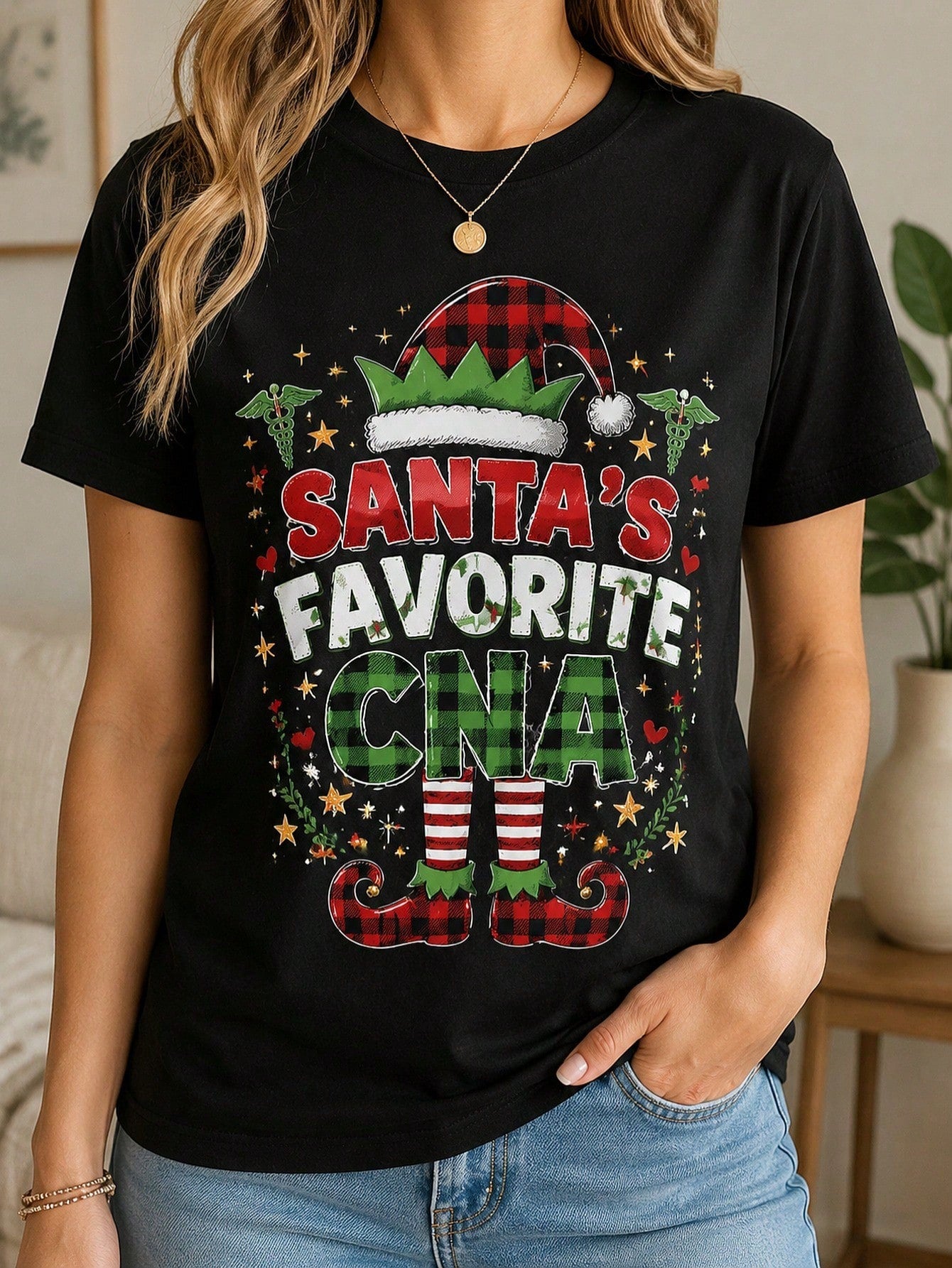 Santas Favorite CNA Christmas Elf Print Black Short Sleeve Tee Top