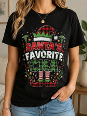 Santas Favorite CNA Christmas Elf Print Black Short Sleeve Tee Top