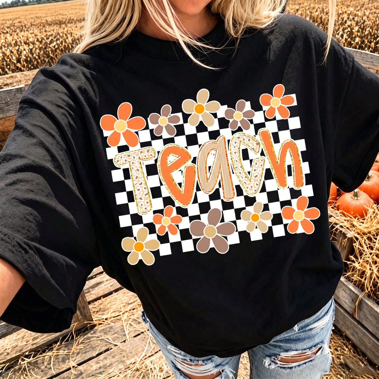 College Style Junior Teacher, Autumn Teacher, Leopard Print Floral Autumn, Pumpkin Spice, Teacher Life Pattern Print T-Shirt, Summer Women's Clothing