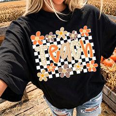 College Style Junior Teacher, Autumn Teacher, Leopard Print Floral Autumn, Pumpkin Spice, Teacher Life Pattern Print T-Shirt, Summer Women's Clothing