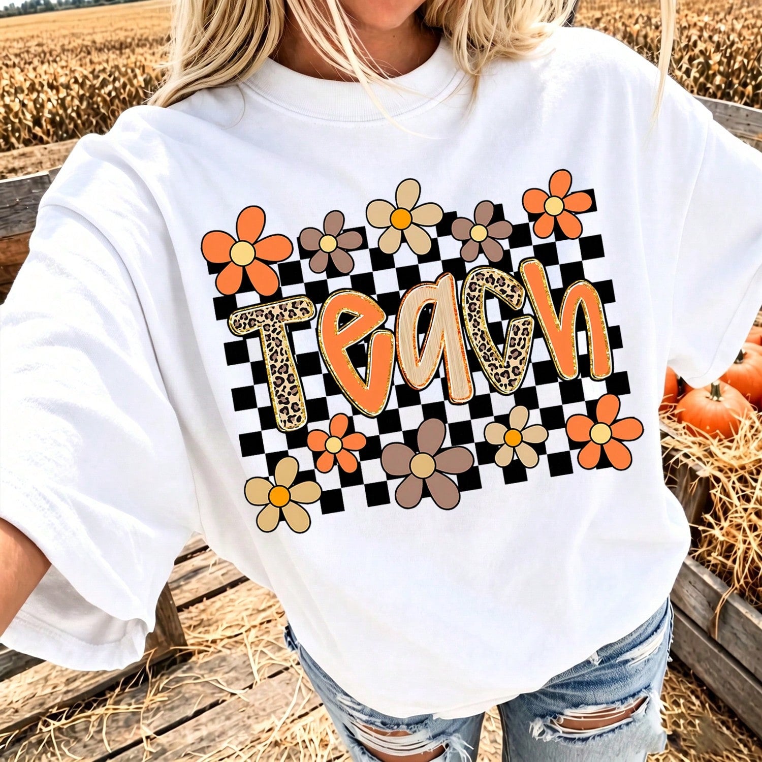 College Style Junior Teacher, Autumn Teacher, Leopard Print Floral Autumn, Pumpkin Spice, Teacher Life Pattern Print T-Shirt, Summer Women's Clothing