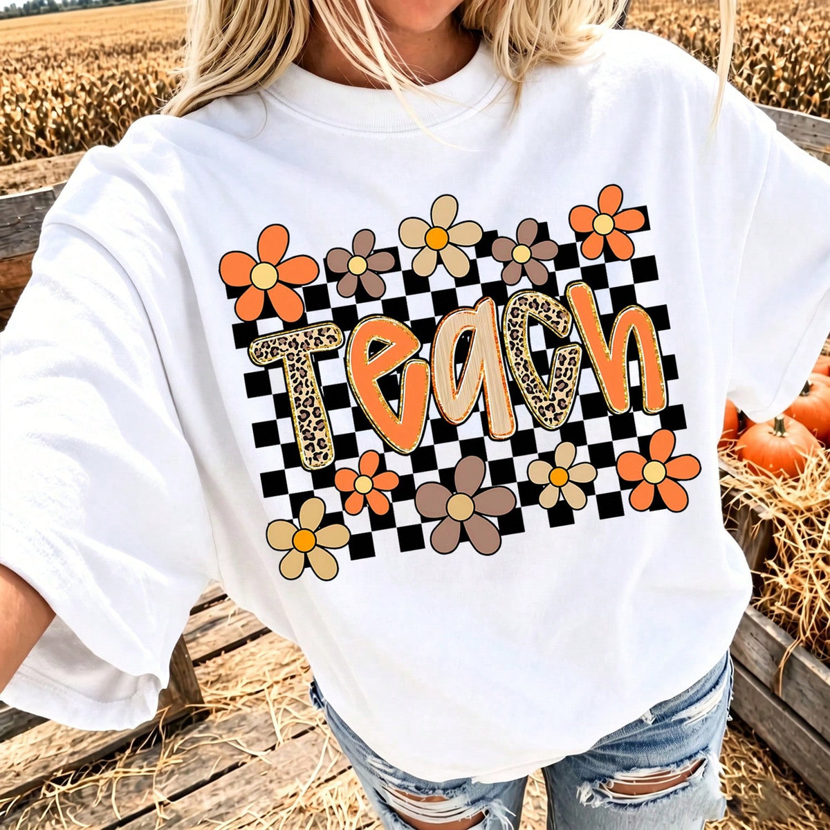 College Style Junior Teacher, Autumn Teacher, Leopard Print Floral Autumn, Pumpkin Spice, Teacher Life Pattern Print T-Shirt, Summer Women's Clothing