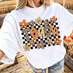 College Style Junior Teacher, Autumn Teacher, Leopard Print Floral Autumn, Pumpkin Spice, Teacher Life Pattern Print T-Shirt, Summer Women's Clothing