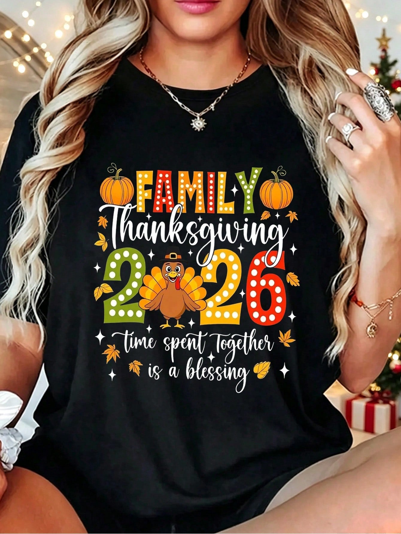 Turkey Pumpkin Thanksgiving Print Black TShirt, Crew Neck, Casual Cotton Tee Fit For Female Ladies For