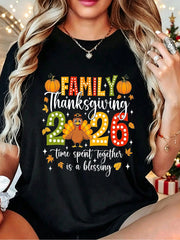Turkey Pumpkin Thanksgiving Print Black TShirt, Crew Neck, Casual Cotton Tee Fit For Female Ladies For